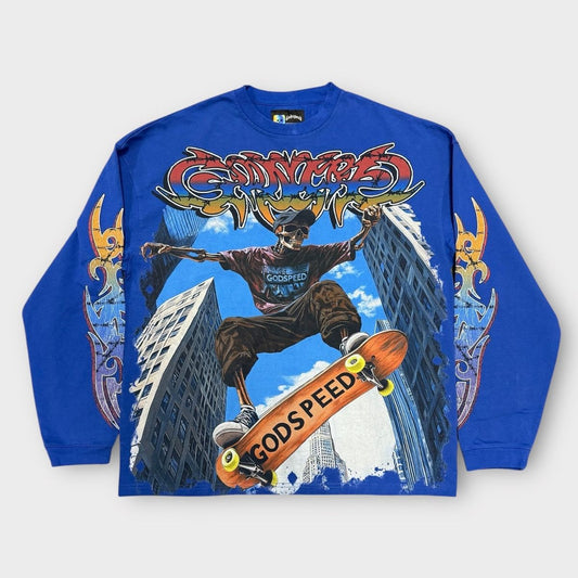 Blue sweatshirt with graphic design of a person on a skateboard and text 'GODSPEED' on a white background