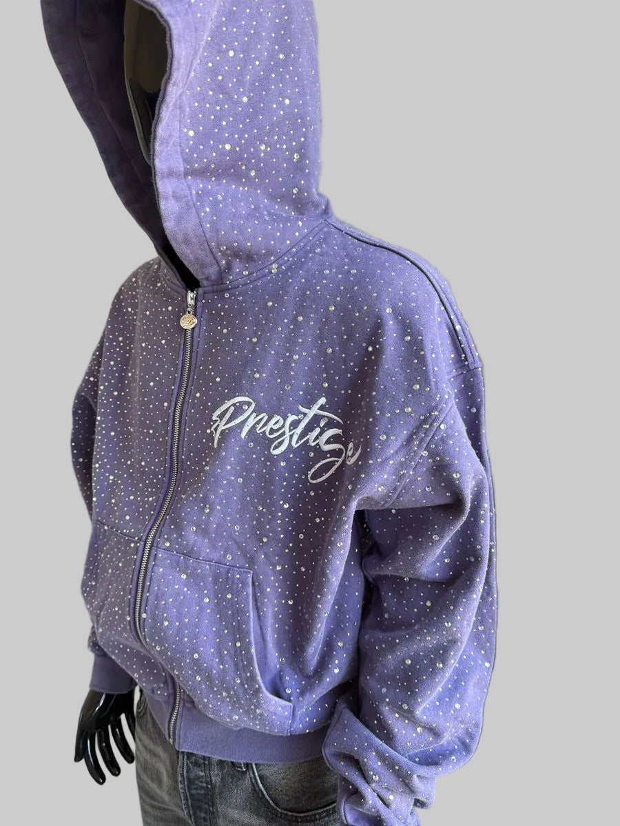 Prestige Diamond Hoodie purple rhinestone zip hoodie front view premium streetwear hoodie Epic Outfitters