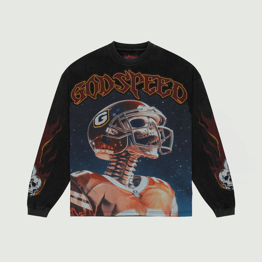 Black long-sleeve shirt with 'GODSPEED' text and graphic design on a white background