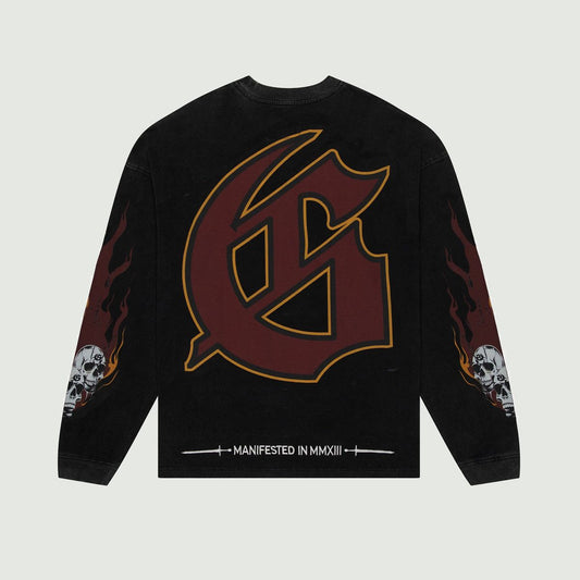 Black sweatshirt with a large red and gold logo on a light gray background
