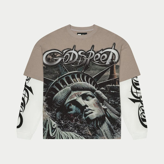 T-shirt with graphic design of the Statue of Liberty and text on a white background