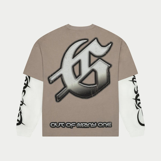 T-shirt with a large logo on the back and text on the front, displayed against a light gray background.