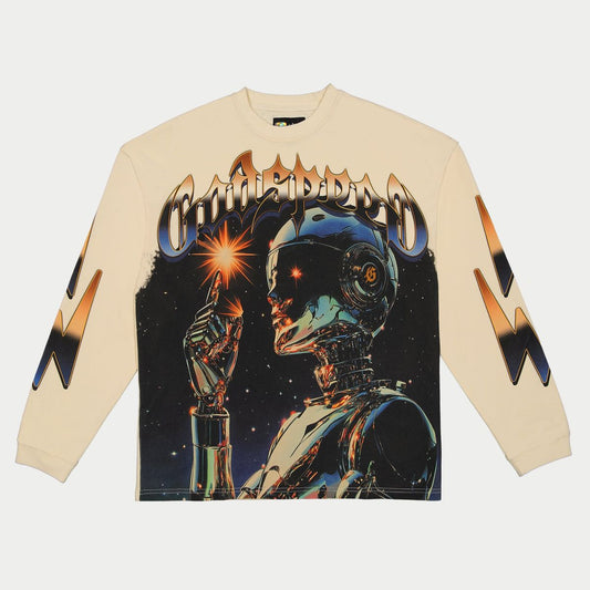 Long-sleeve shirt with robot graphic and 'Computron' text on a beige background