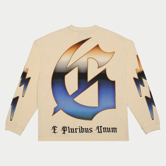 Beige sweatshirt with a large emblem and 'E Pluribus Unum' text on a white background