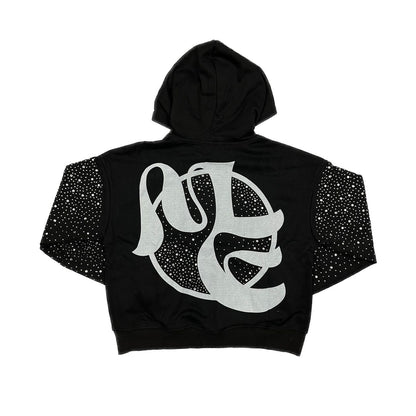 Black hoodie with silver rhinestone embellishments on sleeves and back logo on a white background