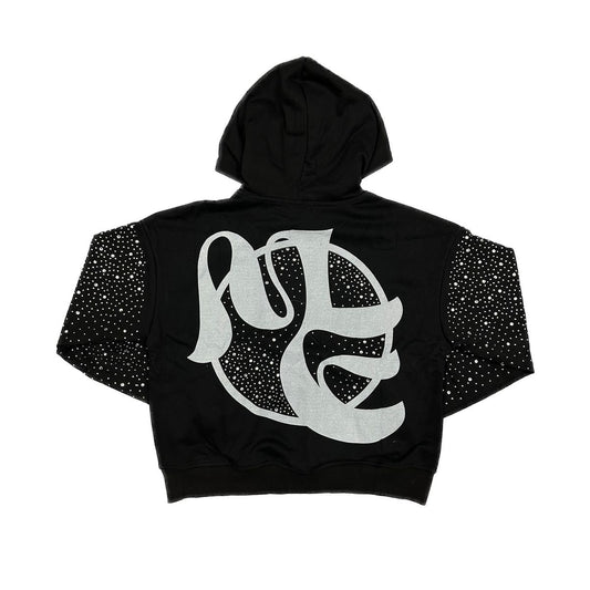 Black hoodie with silver rhinestone embellishments on sleeves and back logo on a white background