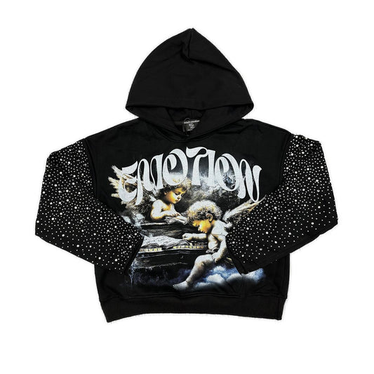 Black hoodie with graphic design of cherubs and text on a white background