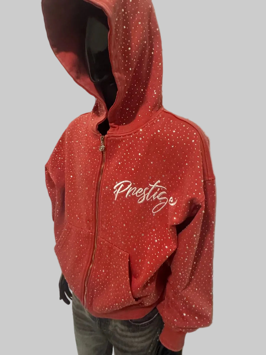 Prestige Diamond Hoodie red rhinestone zip hoodie front view premium streetwear hoodie Epic Outfitters
