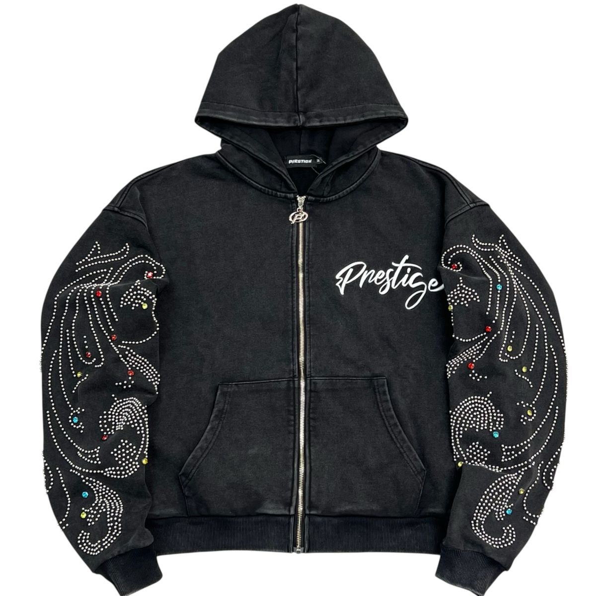 Prestige Monarch Rhinestone Hoodie – Black Zip-Up Graphic Hoodie with Studded Sleeve Detail front view
