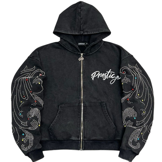 Prestige Monarch Rhinestone Hoodie – Black Zip-Up Graphic Hoodie with Studded Sleeve Detail front view