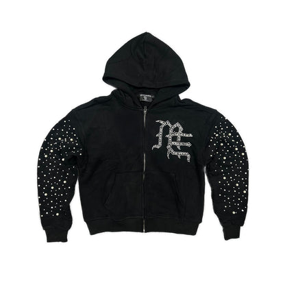 Black hoodie with white speckles and a logo on a white background