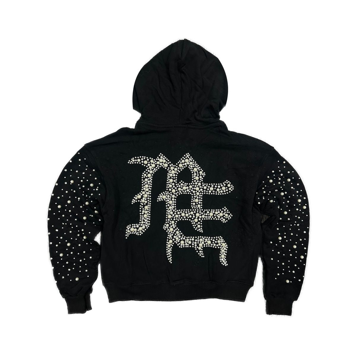 Black hoodie with white rhinestone design on the back against a white background