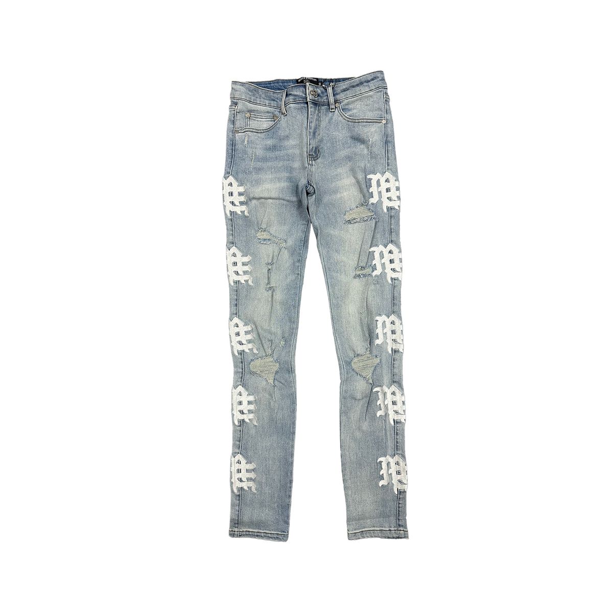 Light blue jeans with white patterns on a white background