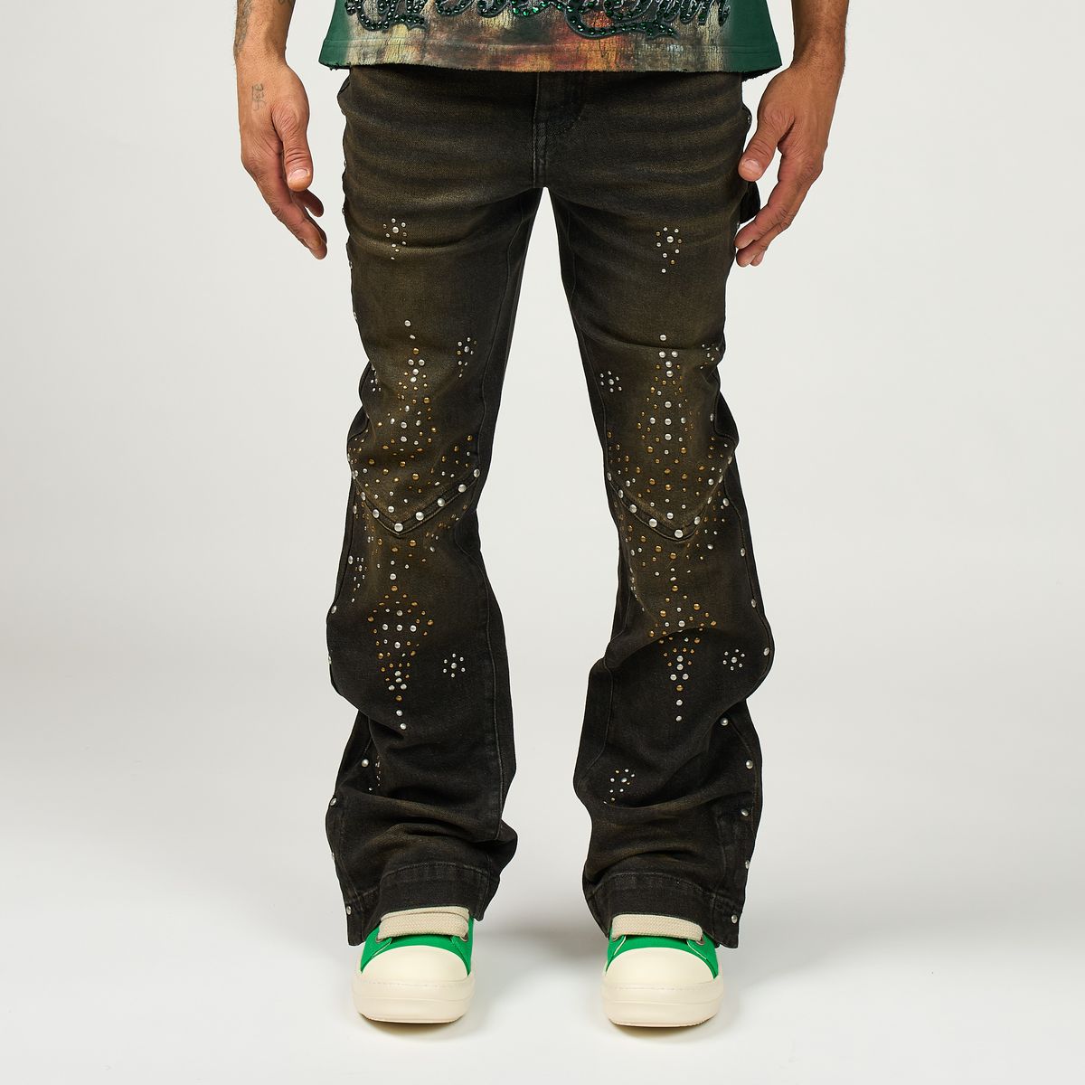 DUAA North washed denim jeans rhinestone detail front view