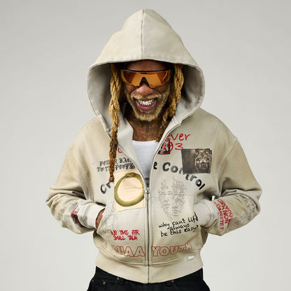DUAA Creative Control hoodie front graphic zip-up neutral color