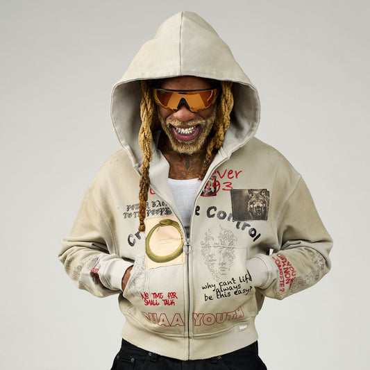 DUAA Creative Control hoodie front graphic zip-up neutral color