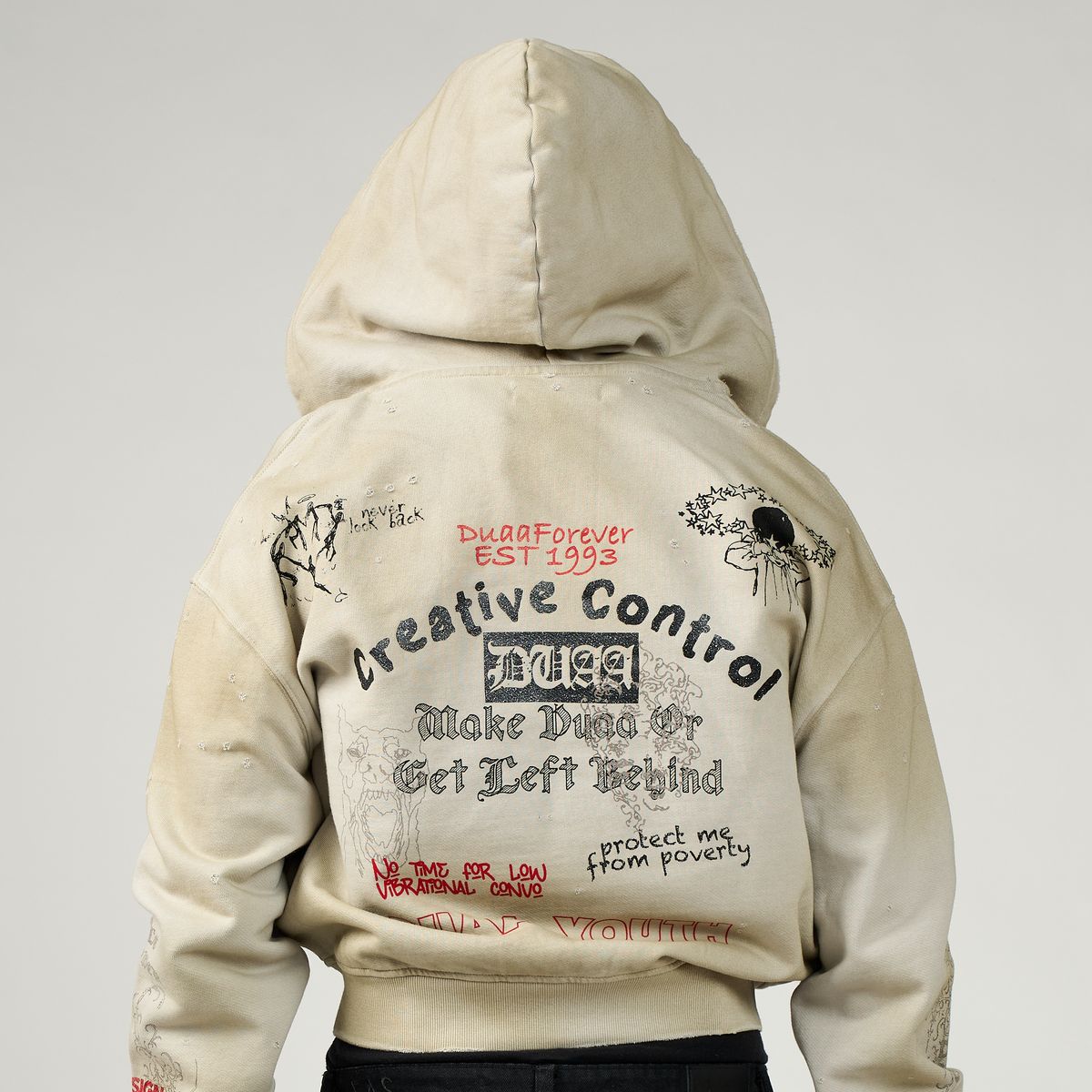 DUAA Creative Control hoodie back graphic zip-up neutral color