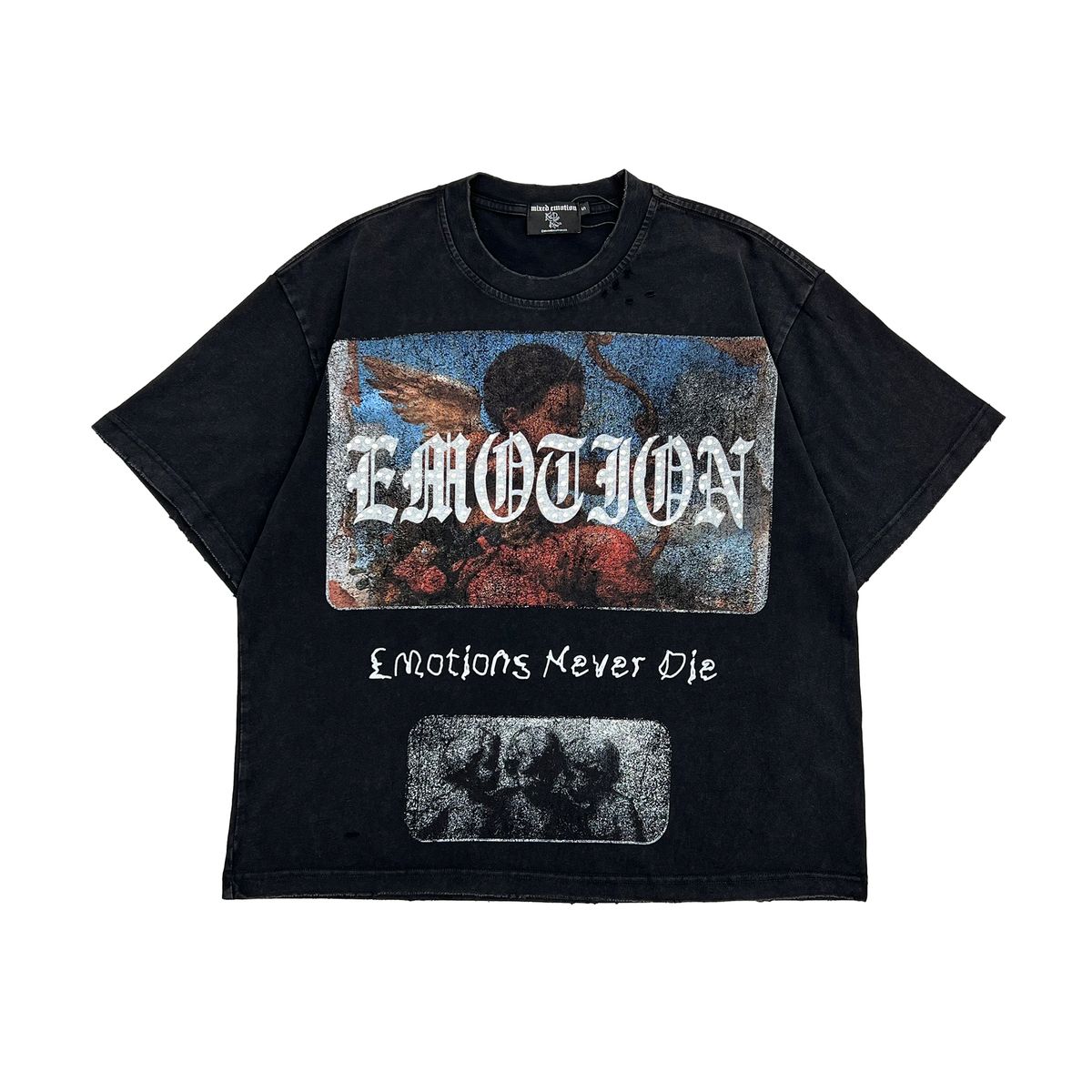 Black t-shirt with graphic design and text on a white background