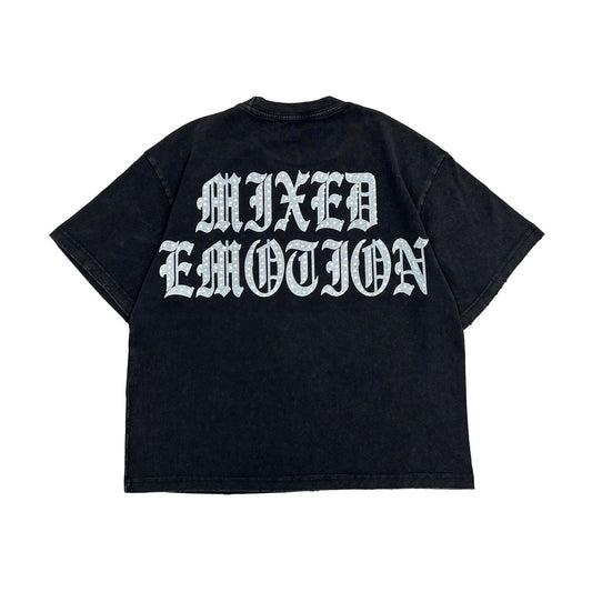 Black t-shirt with 'MIXED EMOTION' text on a white background