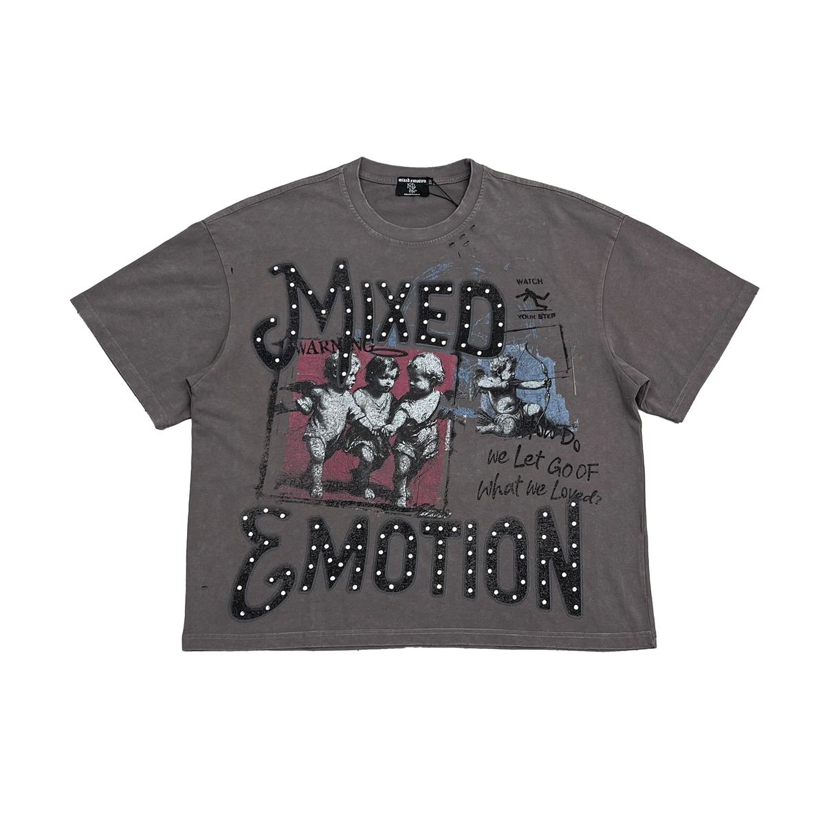 Gray t-shirt with graphic design and text on a white background