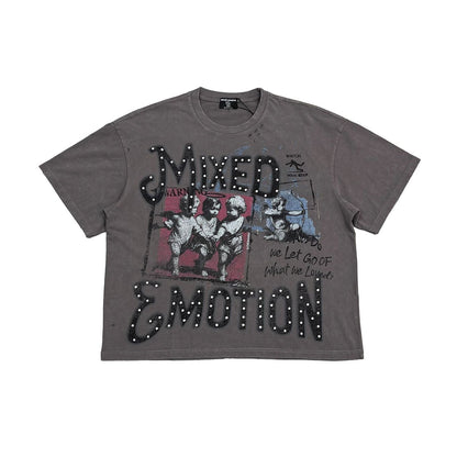 Gray t-shirt with graphic design and text on a white background