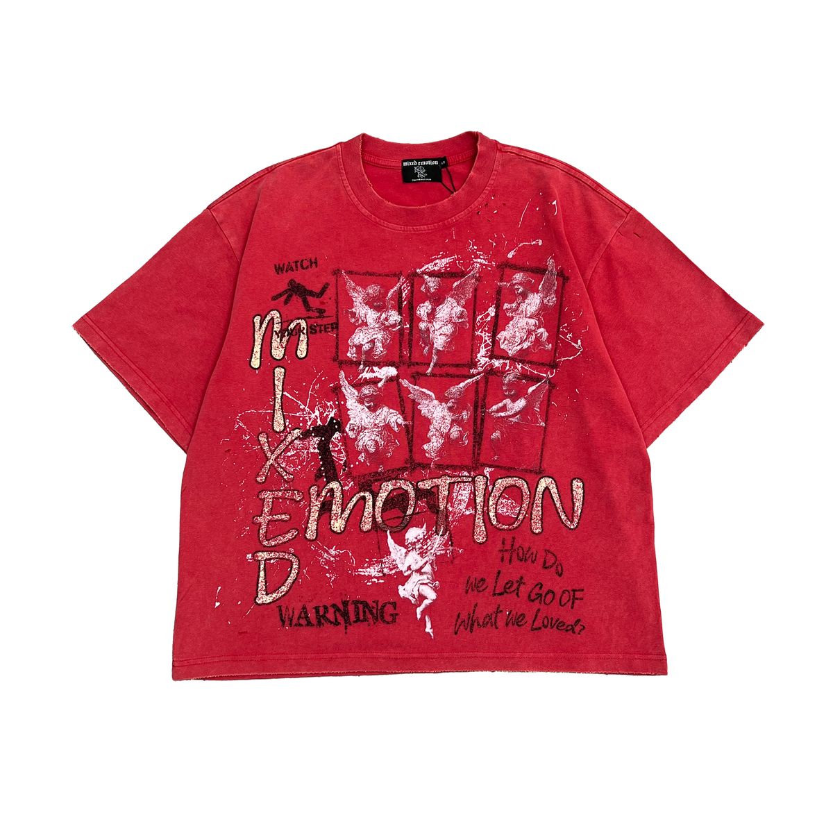 Red t-shirt with graphic design and text on a white background