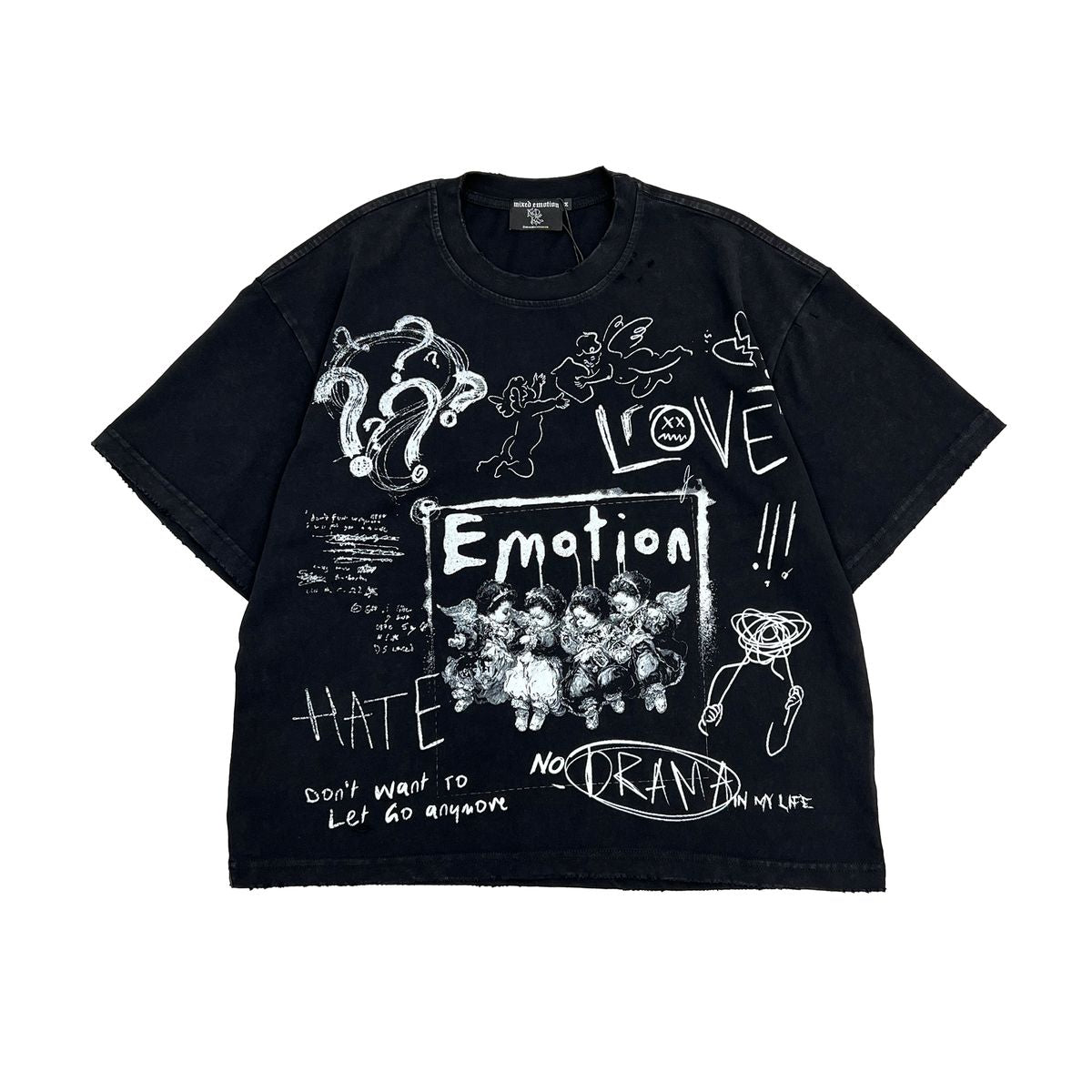 Black t-shirt with white graphic designs and text on a white background