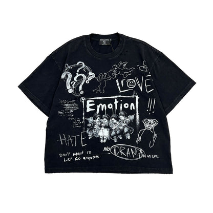 Black t-shirt with white graphic designs and text on a white background