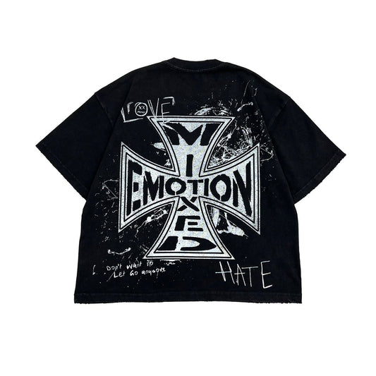 Black t-shirt with white graphic design on a white background