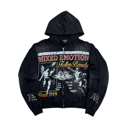 Black hoodie with graphic design and text on a white background