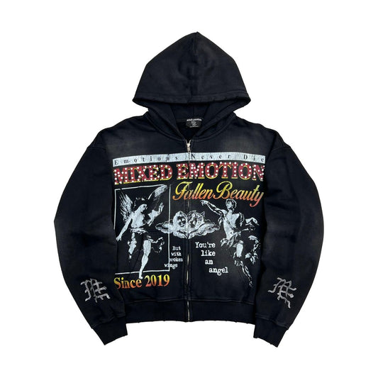 Black hoodie with graphic design and text on a white background
