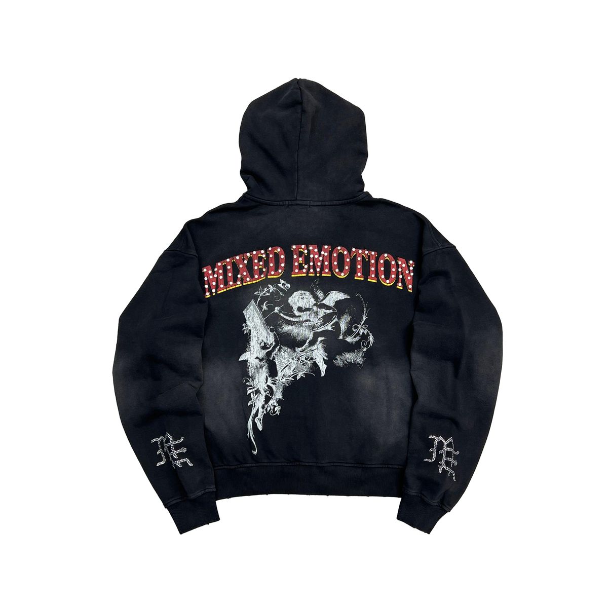 Black hoodie with 'Mixed Emotion' text and graphic design on a white background
