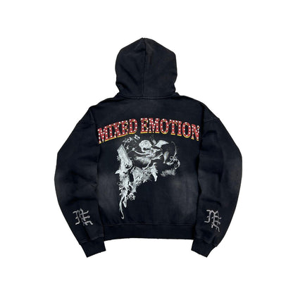 Black hoodie with 'Mixed Emotion' text and graphic design on a white background