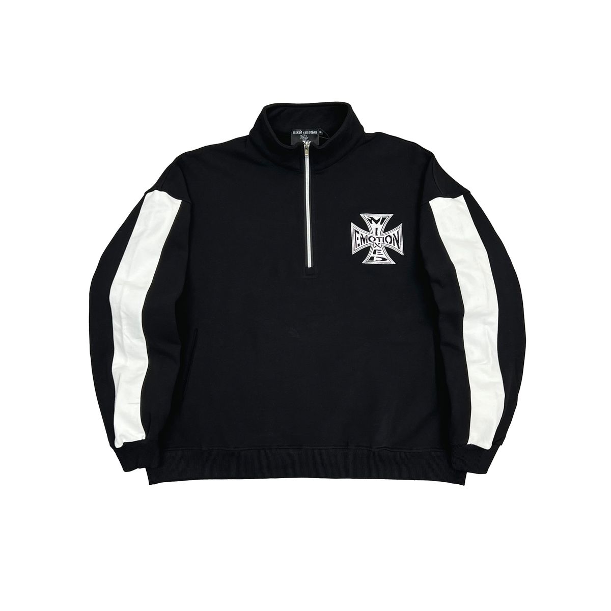 Black quarter-zip sweatshirt with white accents on a white background