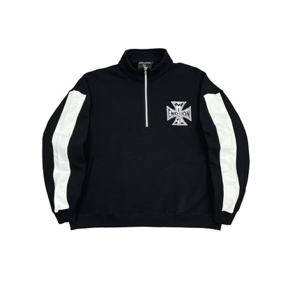 Black quarter-zip sweatshirt with white accents on a white background