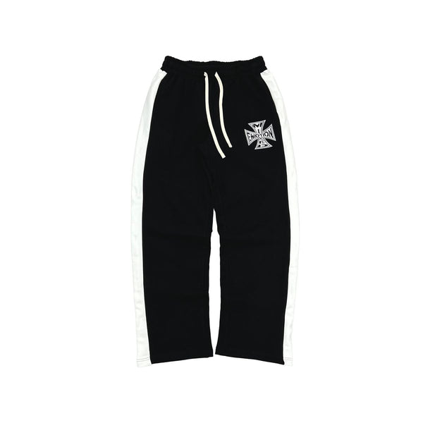 Black sweatpants with white drawstrings and side stripes on a white background