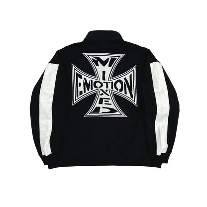 Black jacket with white cross design and text on a white background