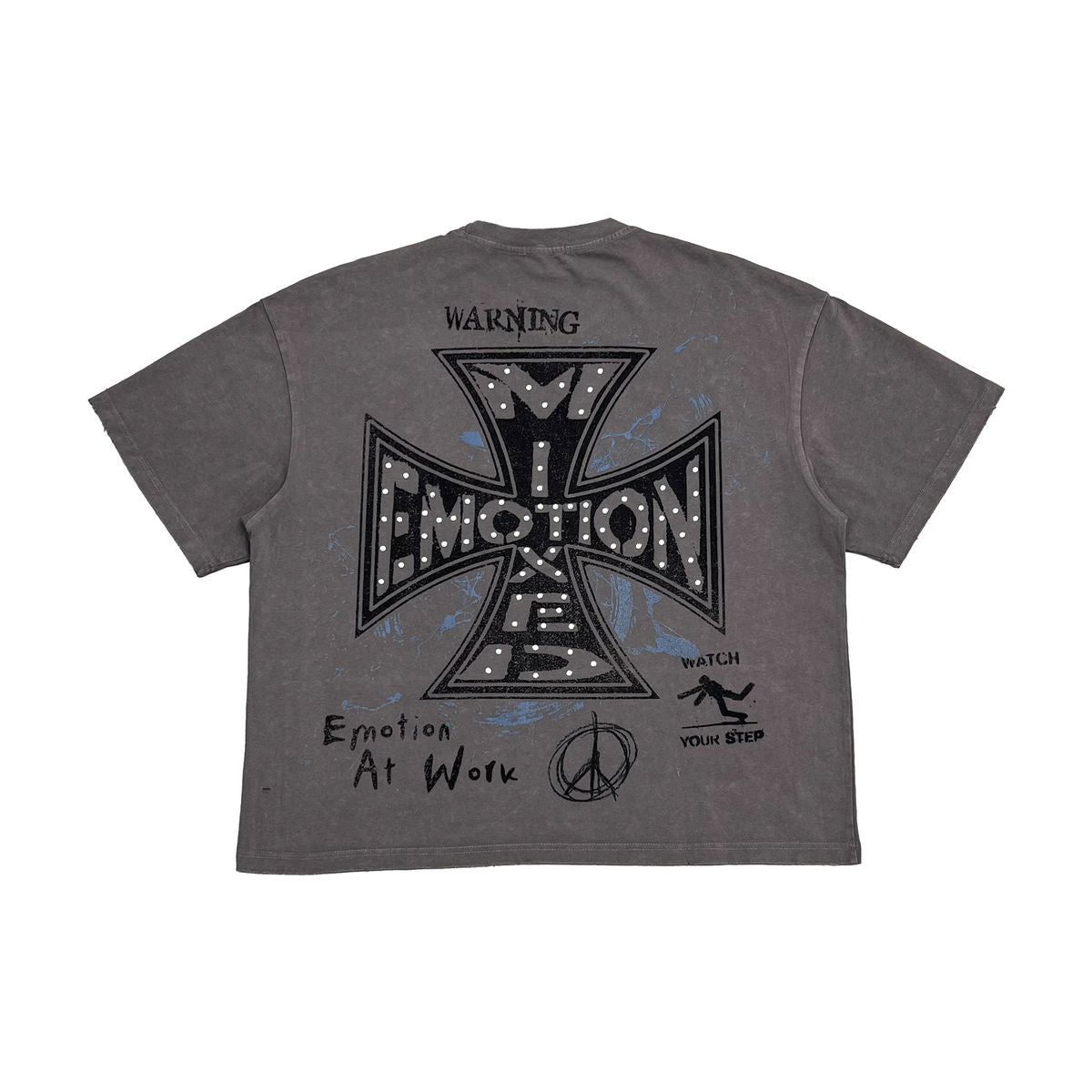 Gray t-shirt with black graphic design on the back on a white background