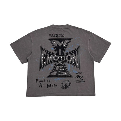 Gray t-shirt with black graphic design on the back on a white background