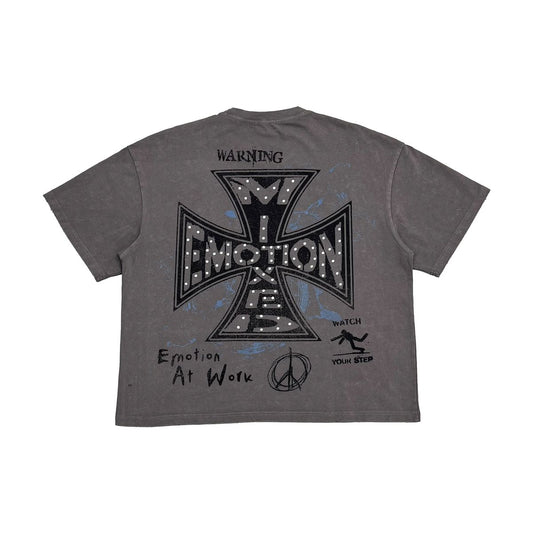 Gray t-shirt with black graphic design on the back on a white background
