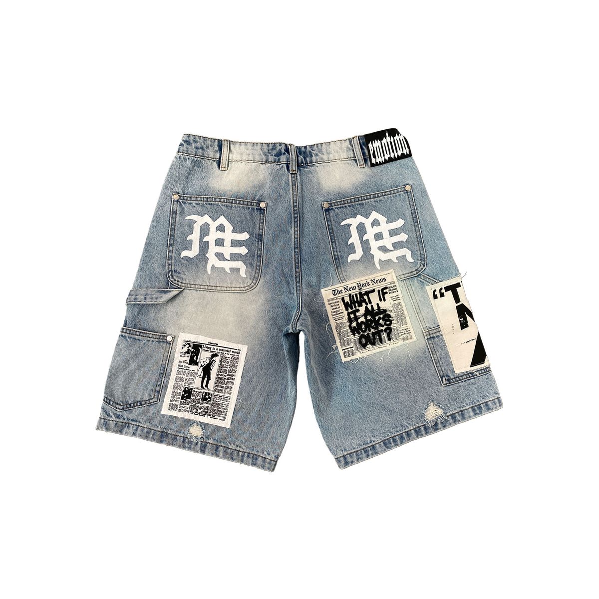 Mixed Emotion Blue “AI” Denim Shorts back