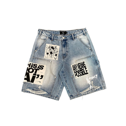Mixed Emotion Blue “AI” Denim Shorts front