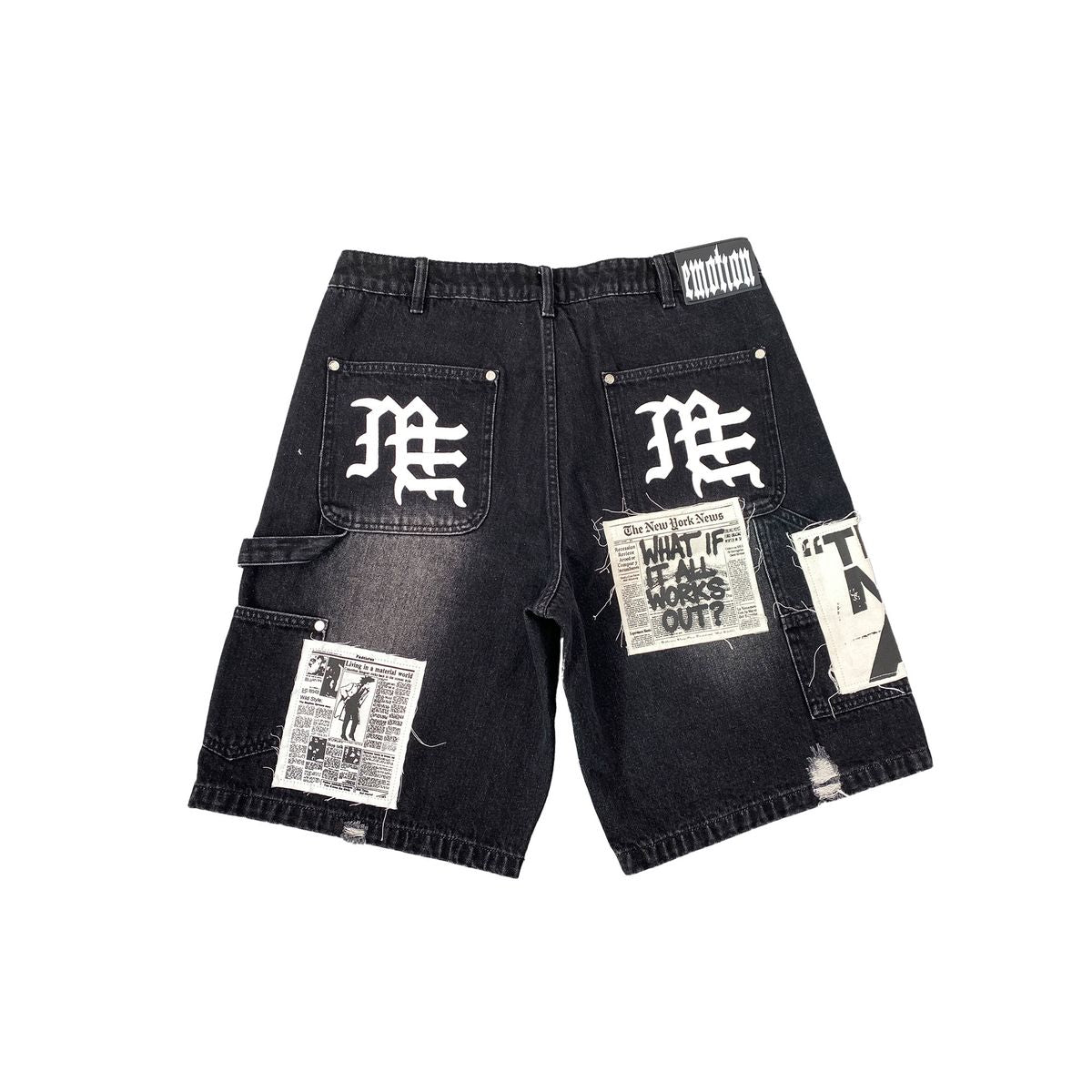 Mixed Emotion Black “AI” Patchwork Denim Shorts – Distressed