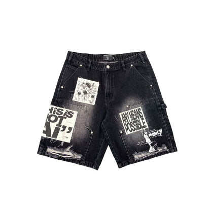 Mixed Emotion Black “AI” Patchwork Denim Shorts