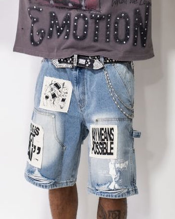 Mixed Emotion Blue “AI” Denim Shorts front on body