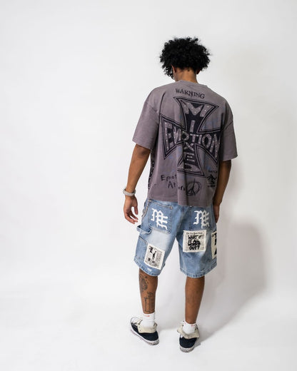 Mixed Emotion Blue “AI” Denim Shorts back on body