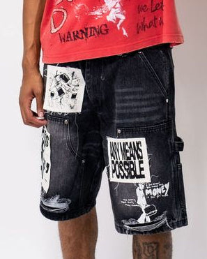 Mixed Emotion Black “AI” Patchwork Denim Shorts – Distressed Graphic Streetwear Shorts front view
