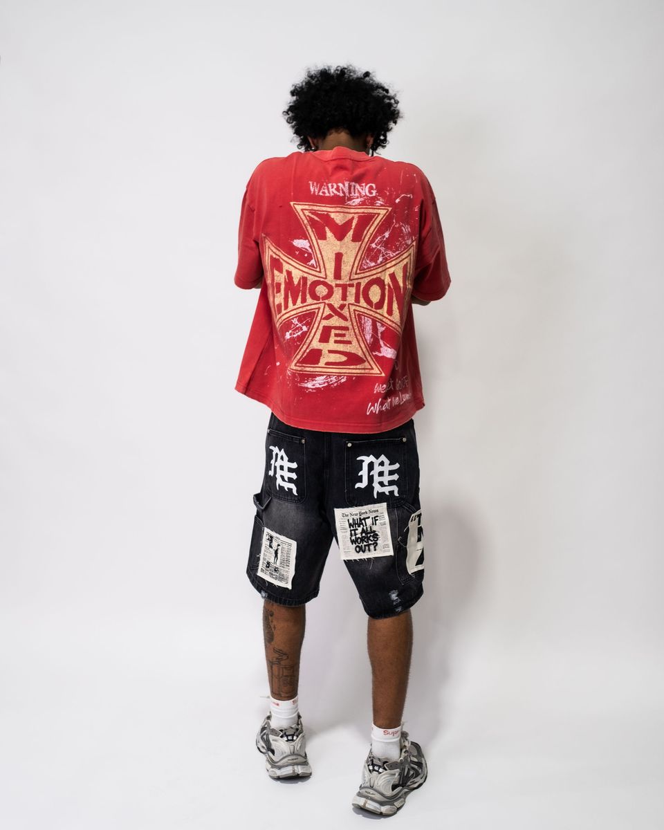 Mixed Emotion Black “AI” Patchwork Denim Shorts – Distressed Graphic Streetwear Shorts back view