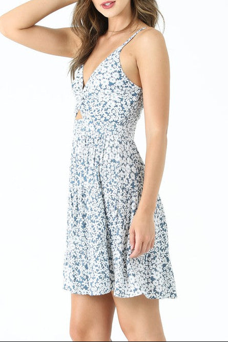 Floral V-Neck Cut-Out Mini Dress – Blue & White side