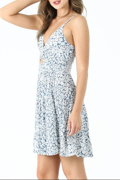 Floral V-Neck Cut-Out Mini Dress – Blue & White side